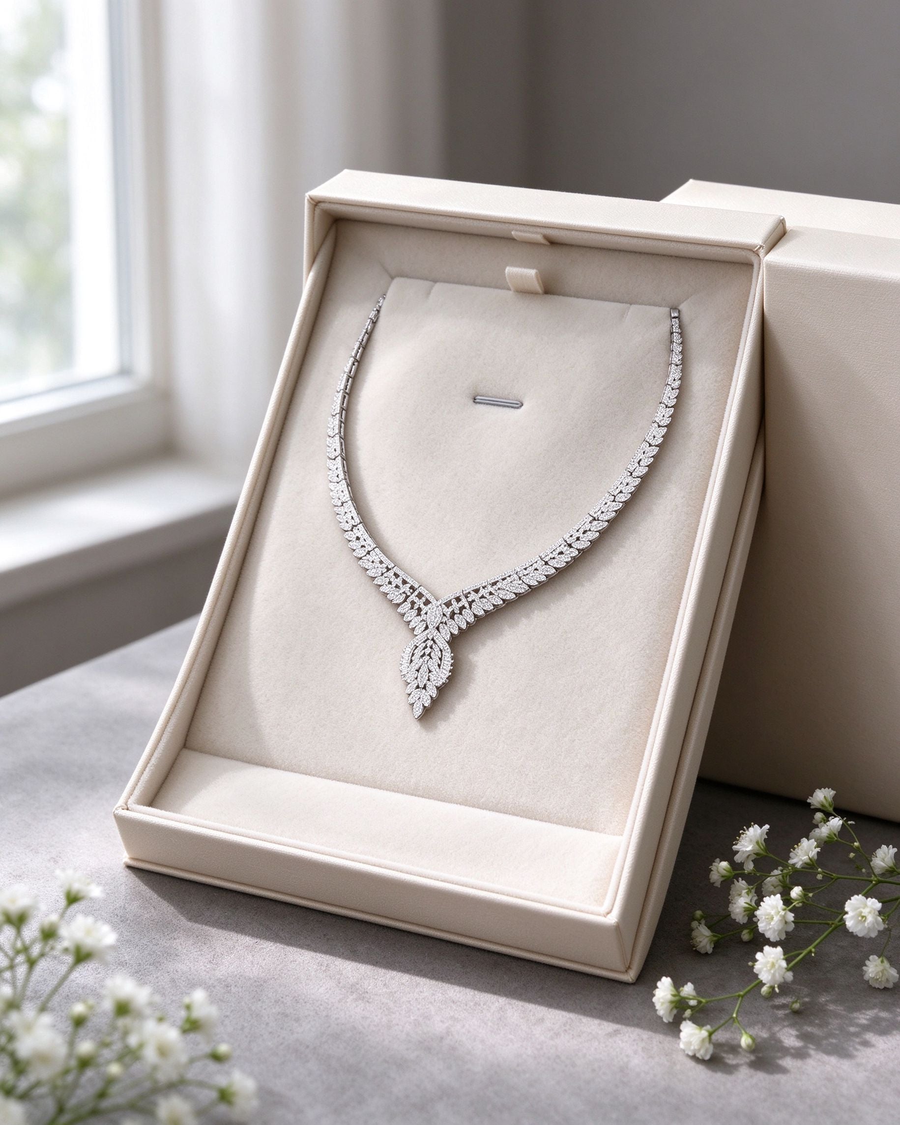 The Petal Bridal Set necklace presented in a cream ivory gift box