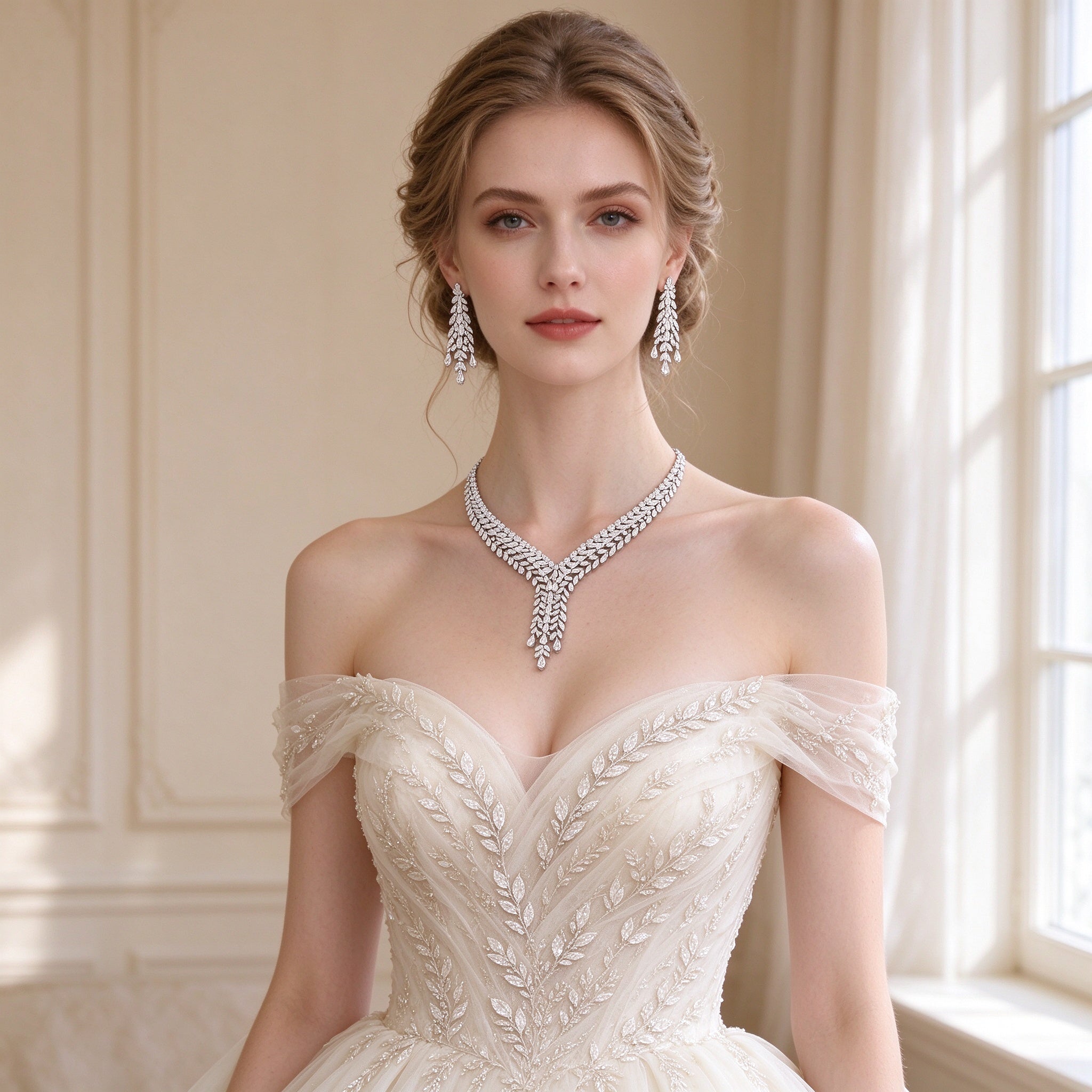 Bride in an ivory off-shoulder gown wearing The Peyton cascading leaf CZ necklace and drop earrings