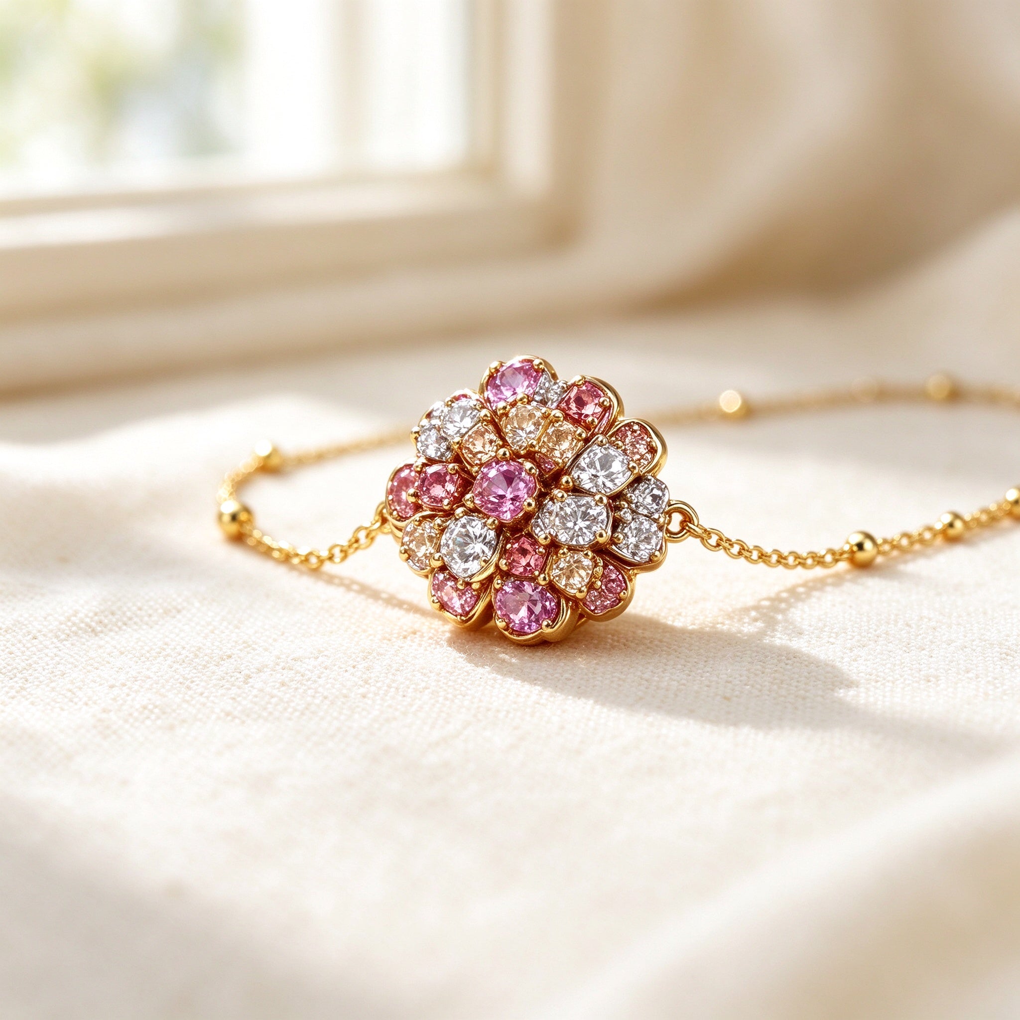 Macro of blush, clear and champagne cubic zirconia pavé flower cluster on gold chain