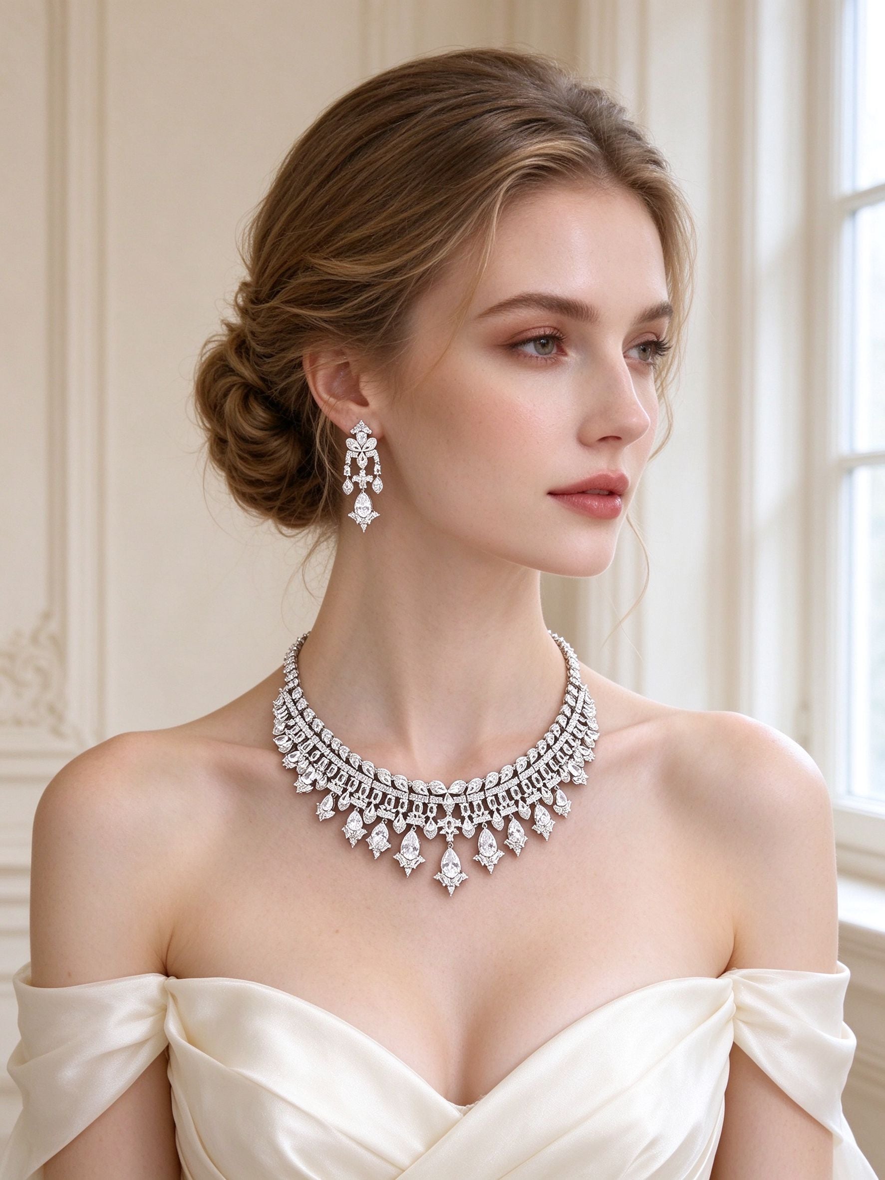 The Quinn Crystal Parure – European bride wearing the crystal bib necklace and chandelier earrings