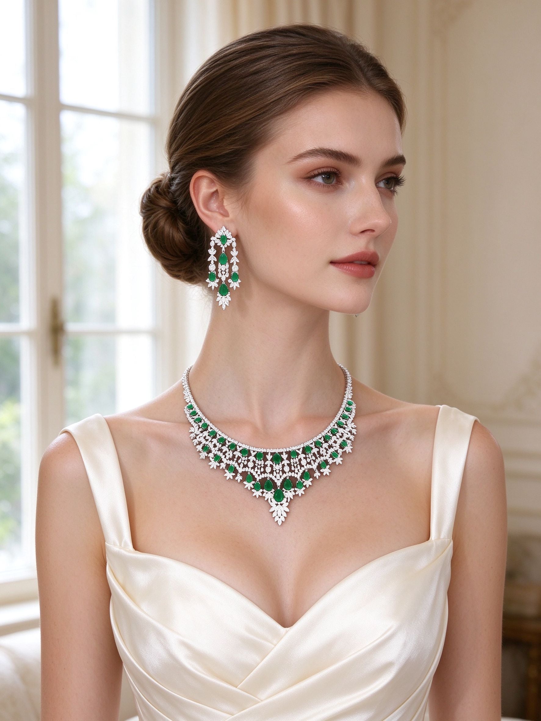 European bride wearing The Rain Crystal Parure emerald CZ bib necklace and chandelier earrings