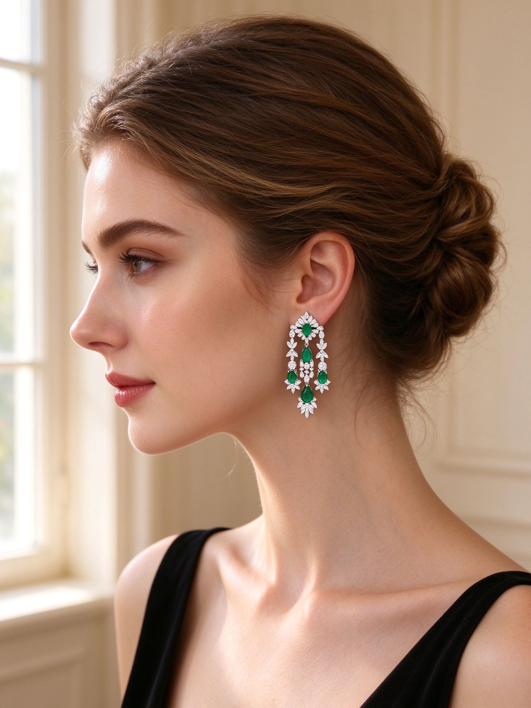 Close-up of The Rain Crystal Parure chandelier emerald teardrop CZ earrings