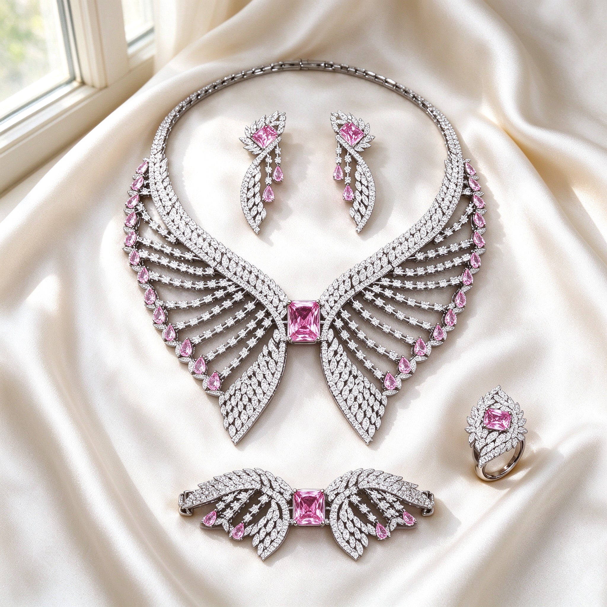 Flat lay of The Reagan Bridal Set four-piece wing-shaped set on ivory silk satin