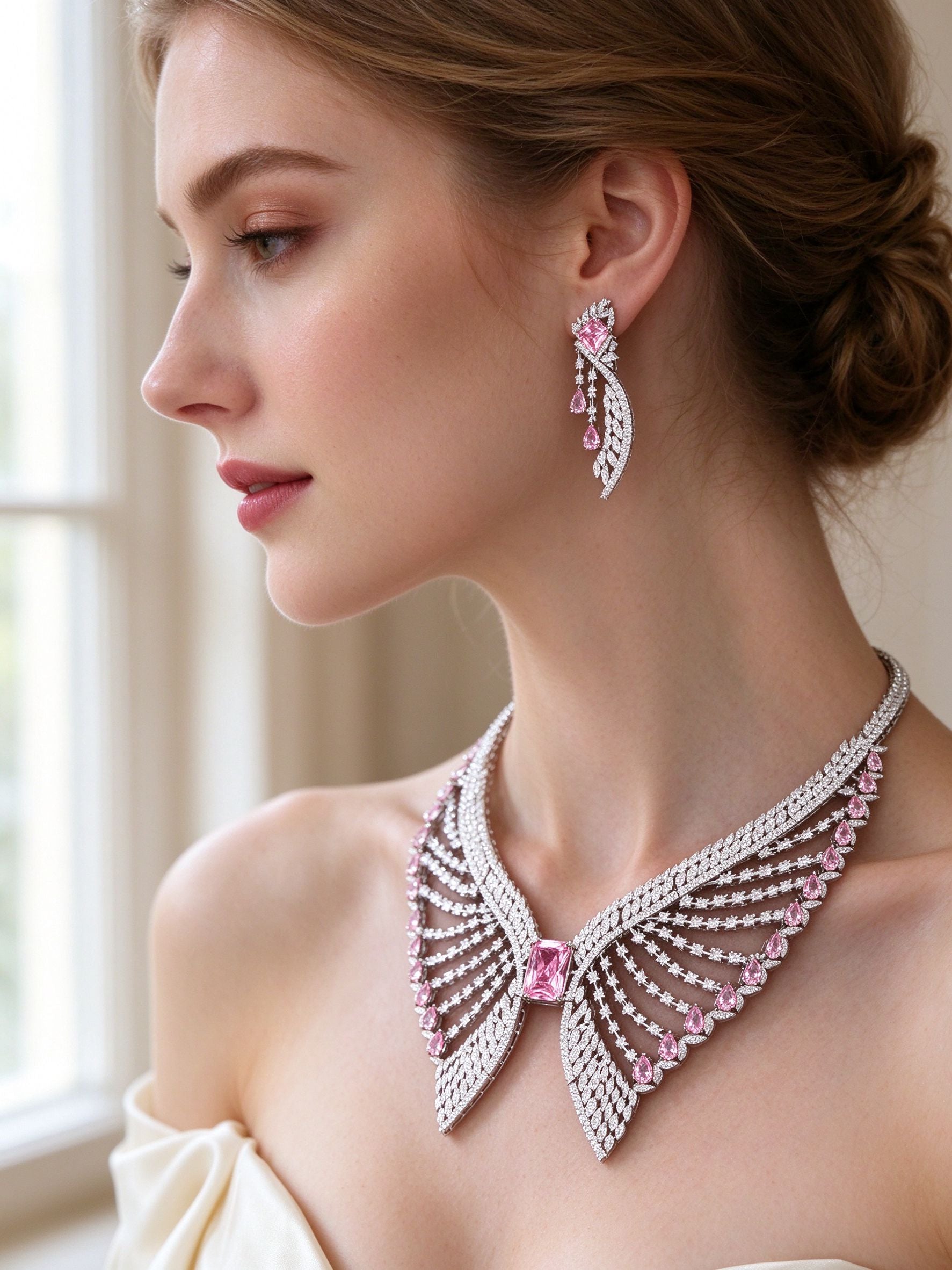 Side detail of The Reagan Bridal Set showing the wing drop earring and feathered rows at the collarbone