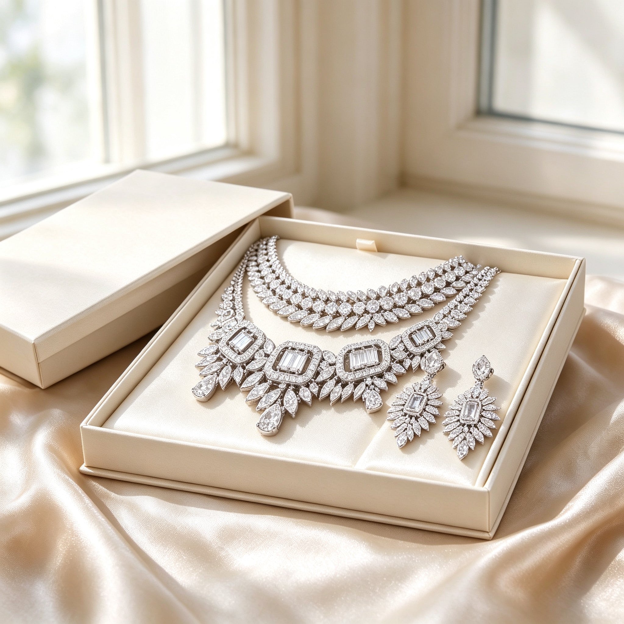 The Reed Crystal Parure arranged in an ivory gift box with silk lining