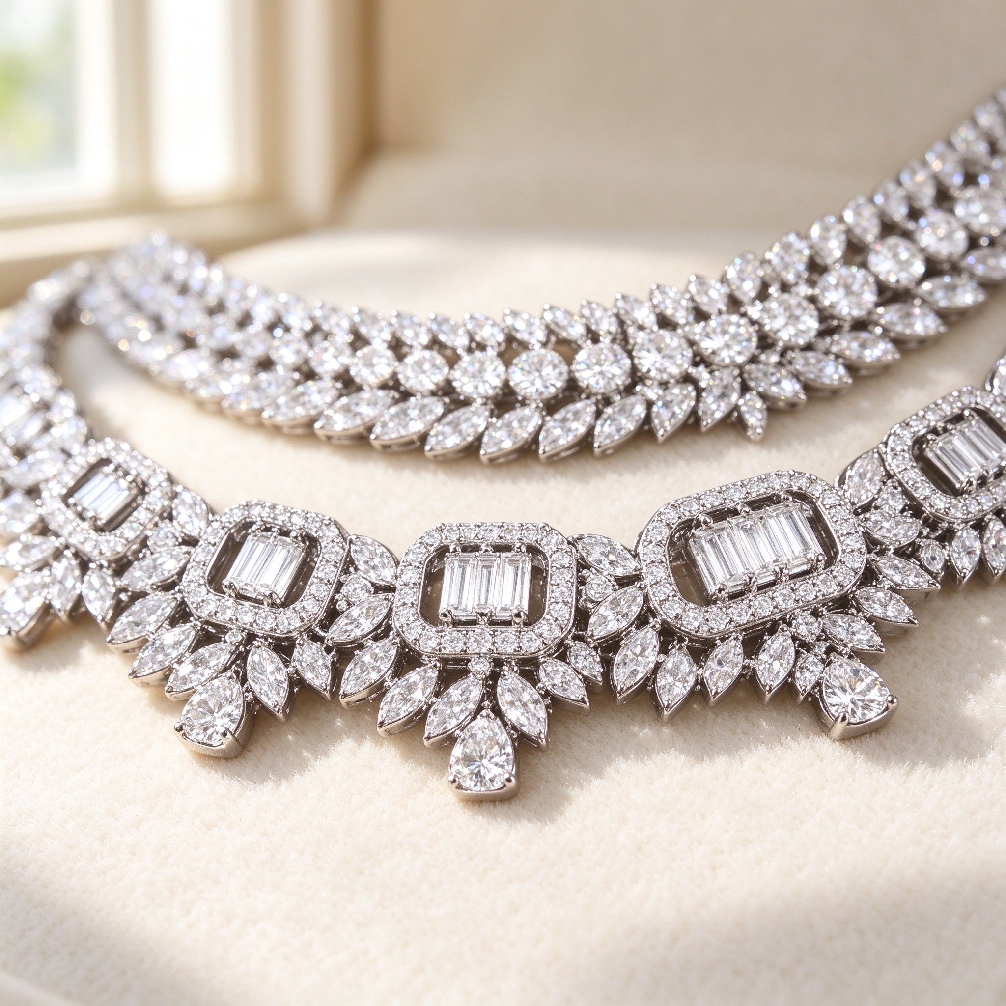 Macro of the Reed necklace baguette-CZ rectangular frames and leaf clusters