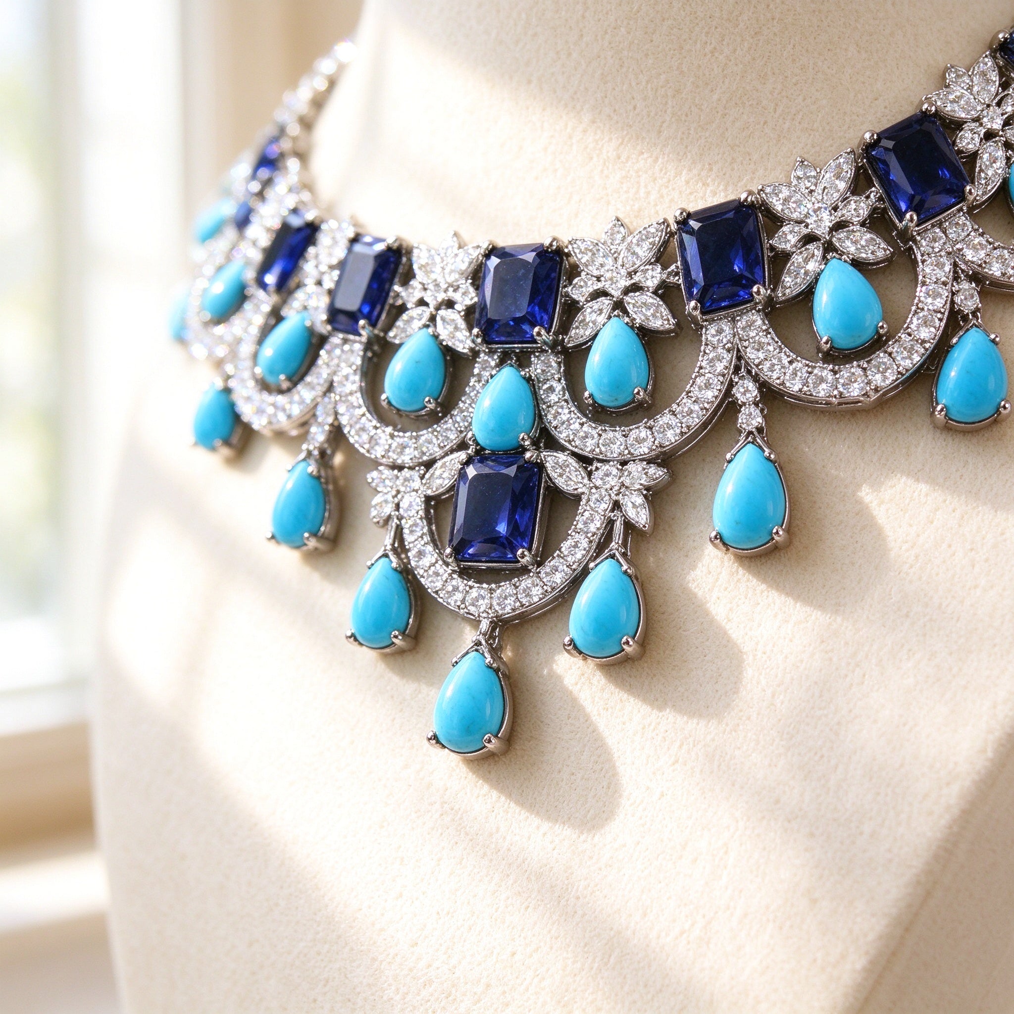 The Riley Bridal Parure – macro of pavé CZ scalloped bib with navy cushion stones and turquoise teardrops