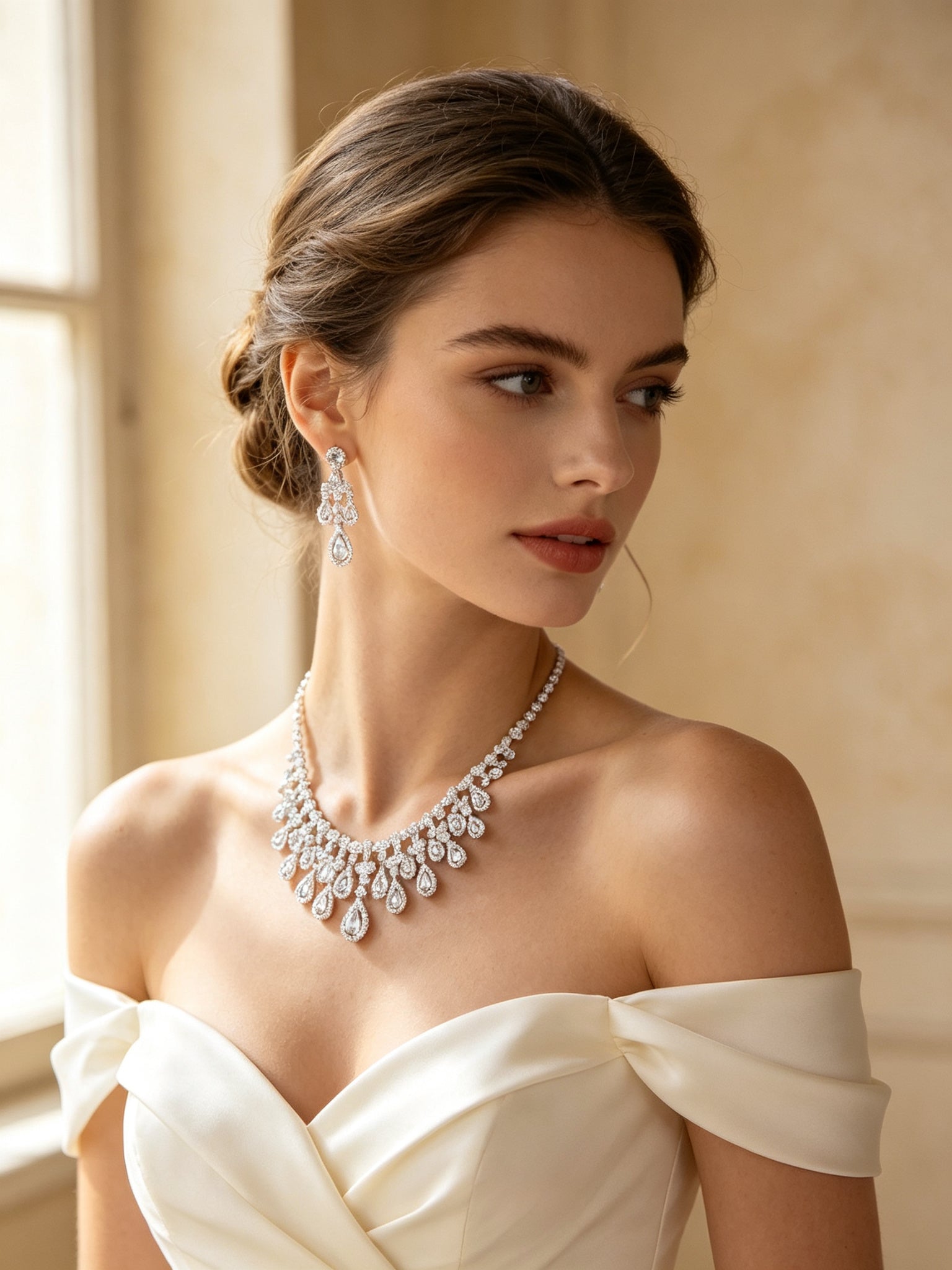 Bride in an ivory off-shoulder gown wearing The Rosalie Bridal Set teardrop CZ necklace and chandelier earrings
