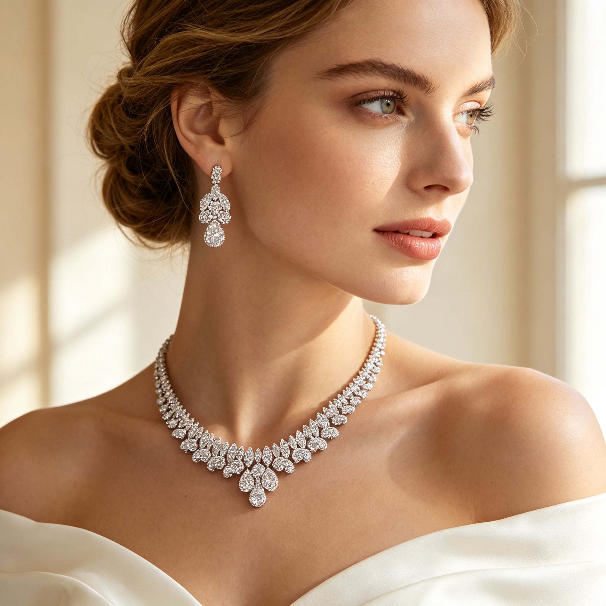Close-up of teardrop CZ drop earrings and necklace worn by a bride