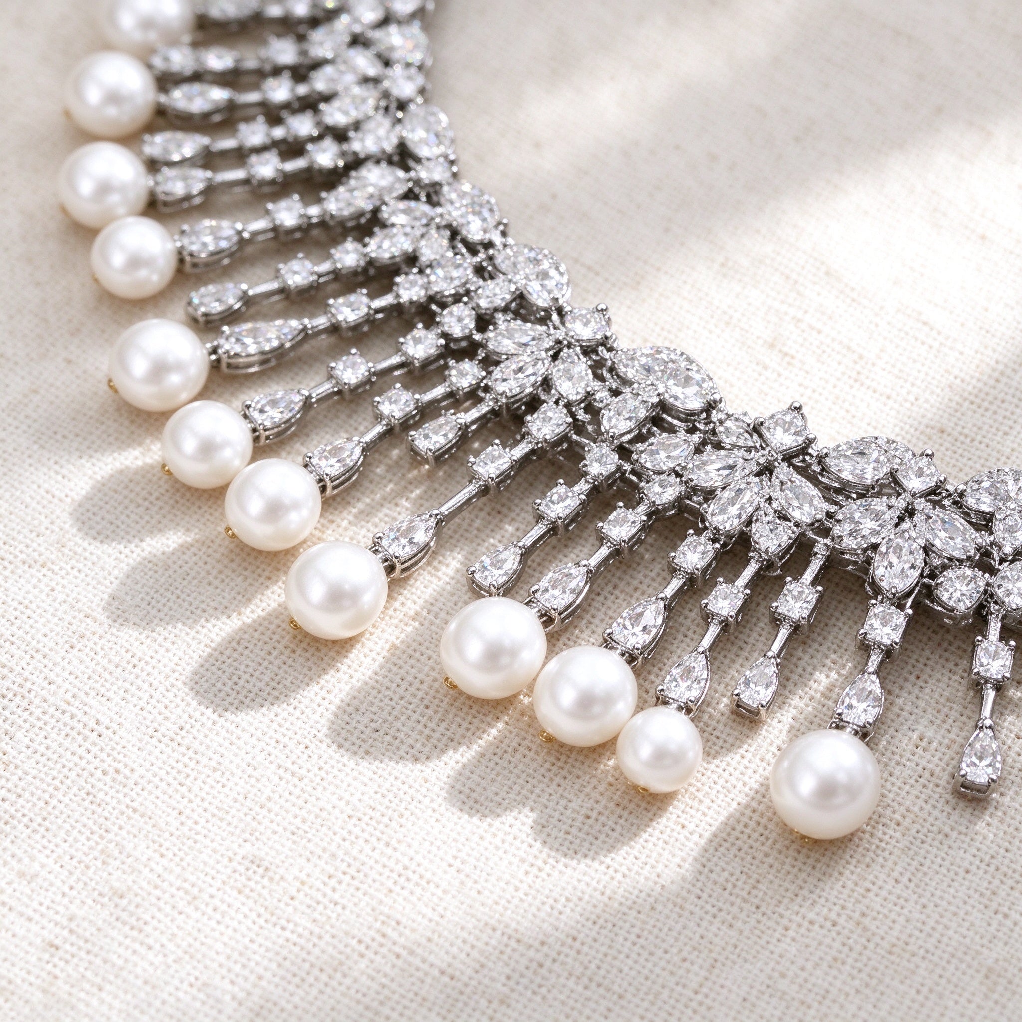 Macro of graduated white pearl drops and cubic zirconia pavé