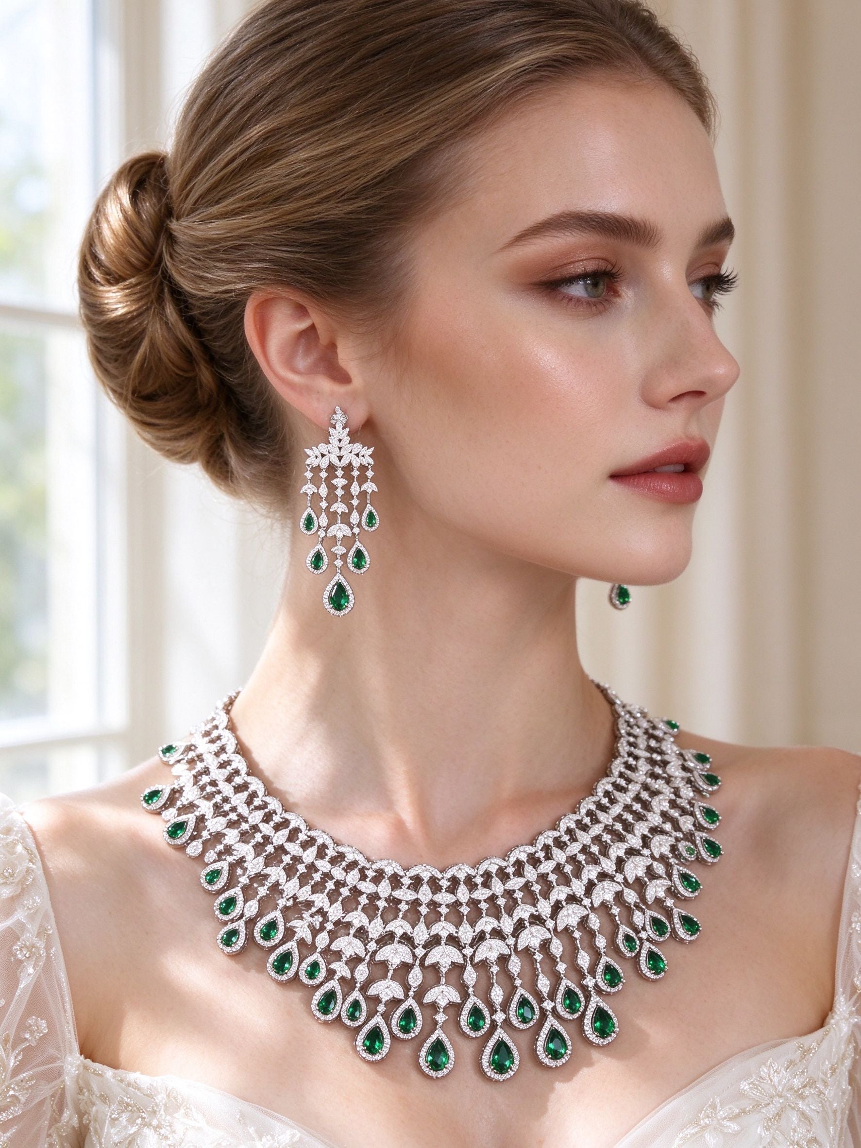 Close-up of emerald-green CZ chandelier earrings and lace bib necklace worn by bride