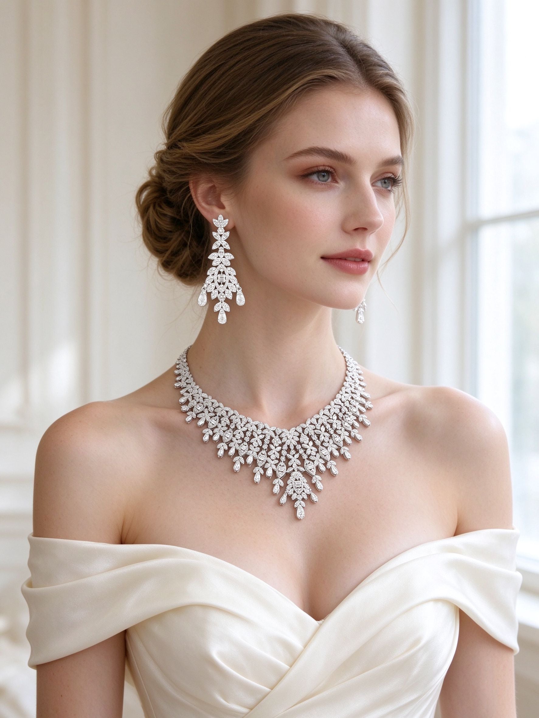 Bride in an ivory off-shoulder silk gown wearing The Selene Bridal Parure fringe collar necklace and chandelier drop earrings