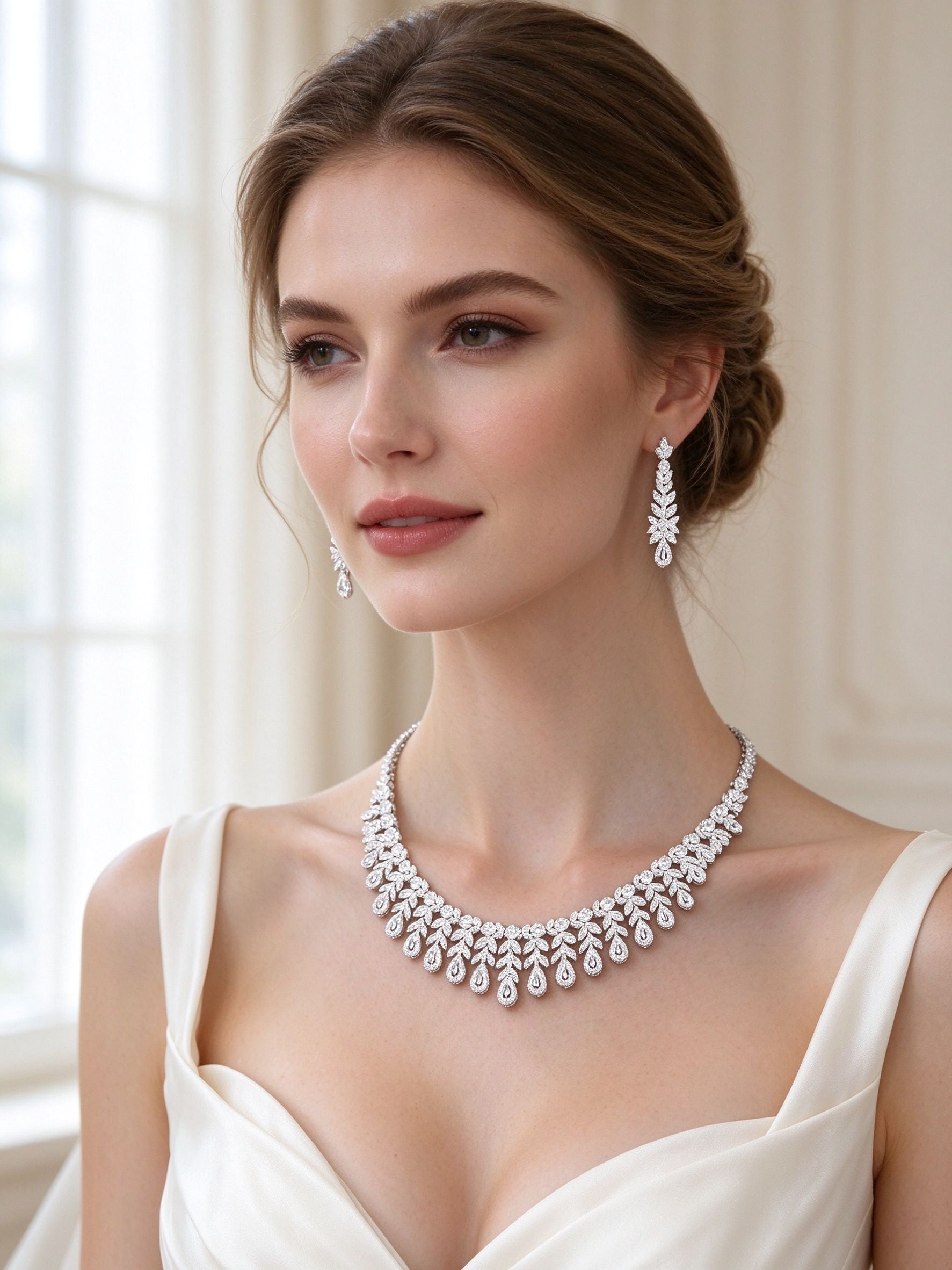 The Seraphine Bridal Set – bride wearing the silver-tone teardrop-fringe collar necklace and linear drop earrings