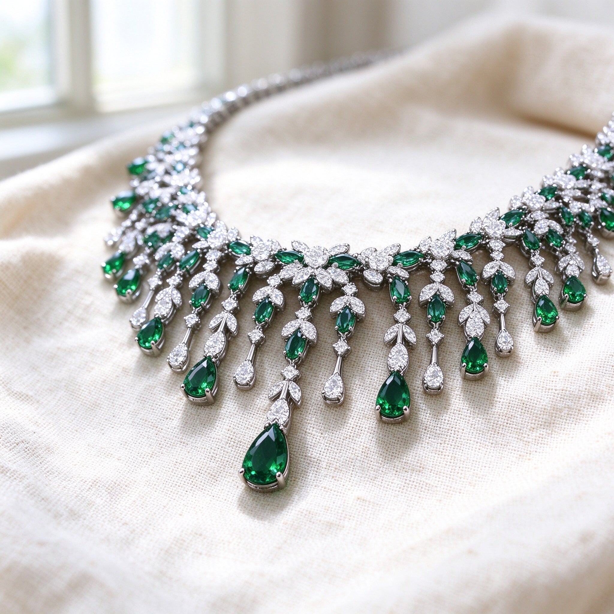 Macro detail of The Sheaf Wedding Suite fringe bib necklace with cascading emerald-green pear and marquise CZ drops