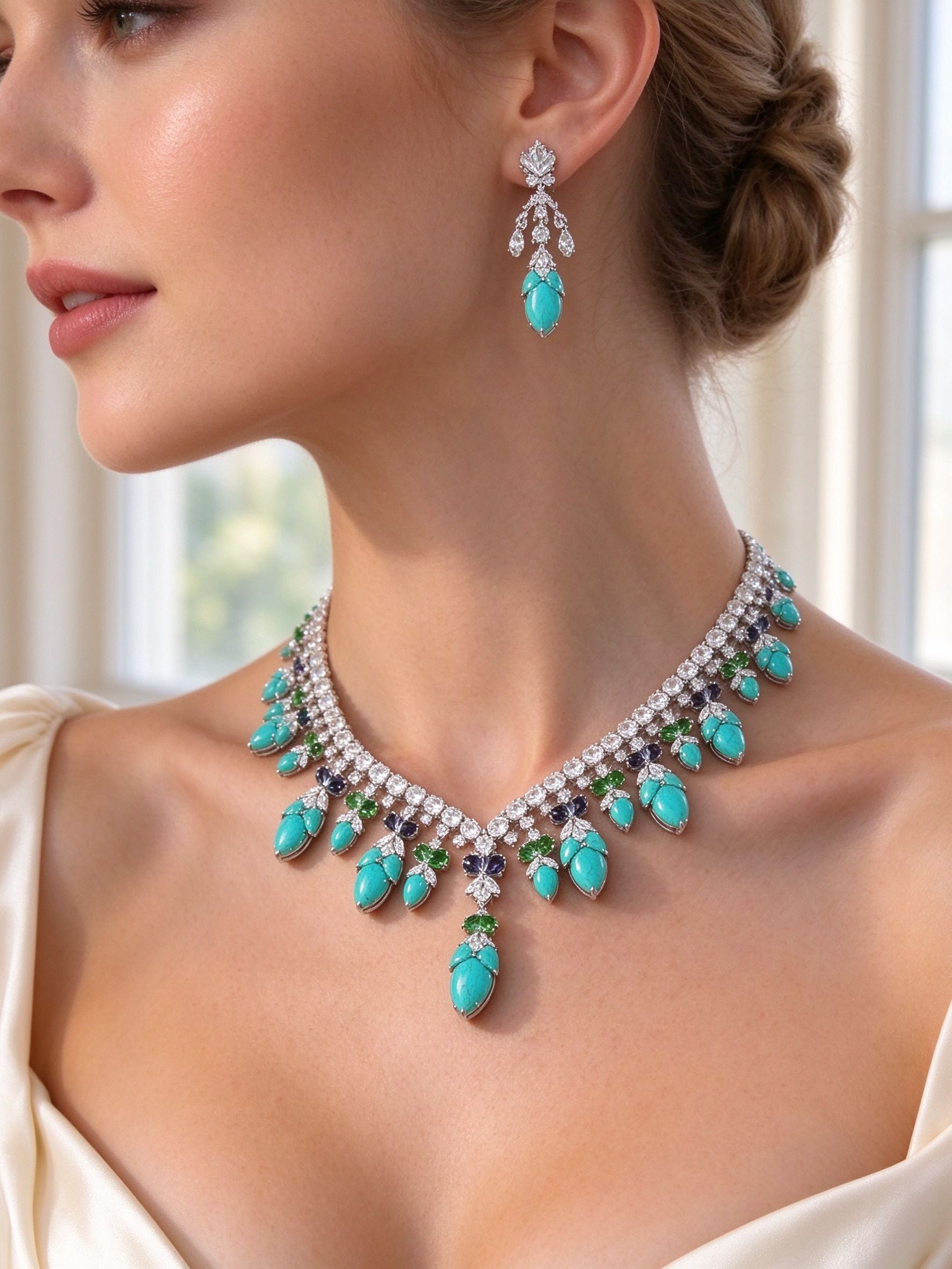 Side detail of The Sloane Bridal Set showing the chandelier earring and graduated collar at the collarbone