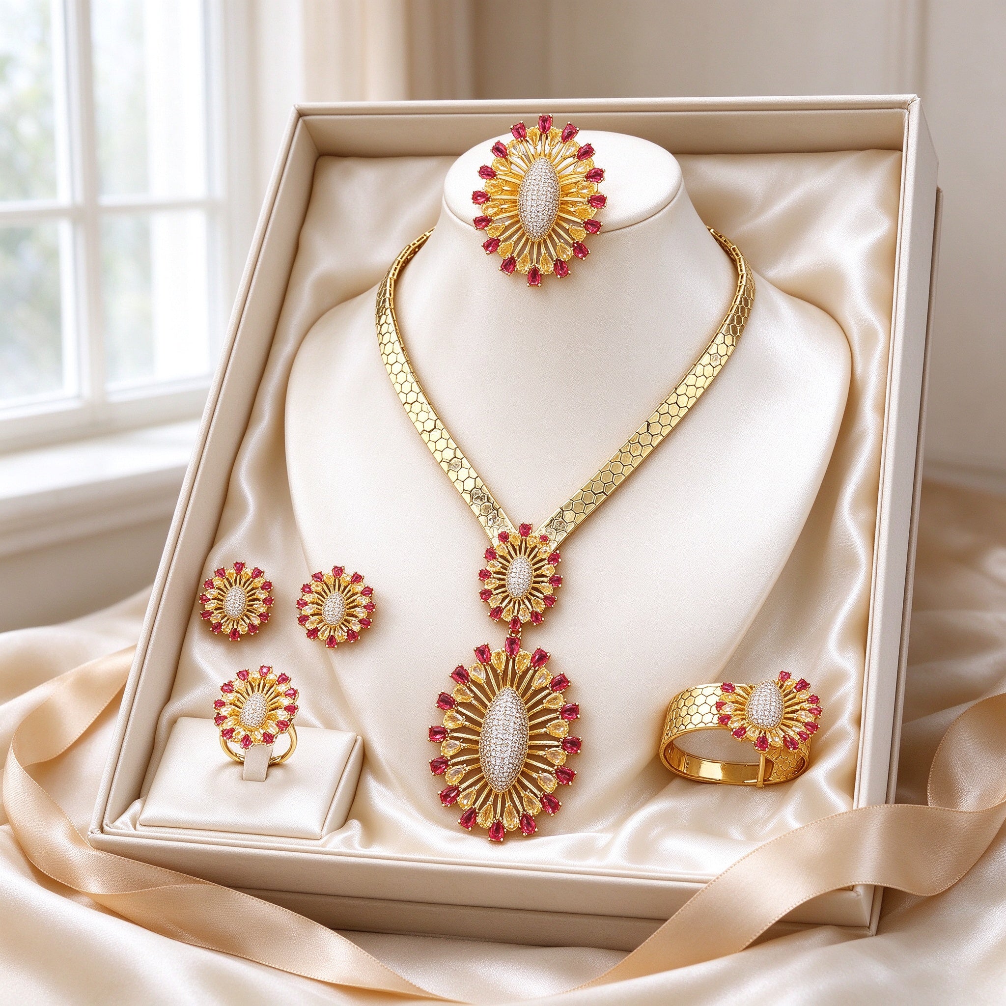 The Solstice Bridal Set presented in an open ivory keepsake box lined with cream satin