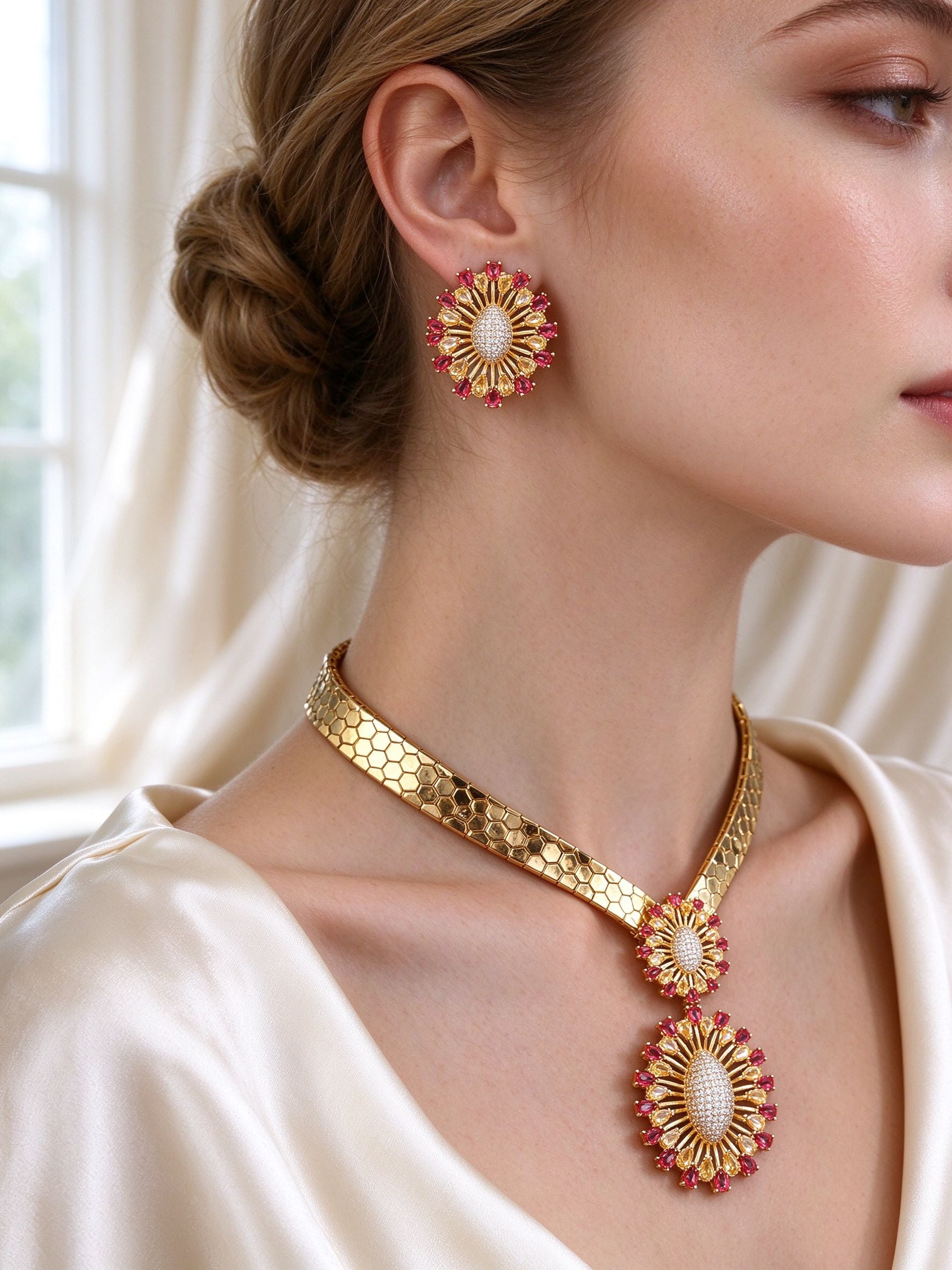 Close-up of bride's ear wearing The Solstice Bridal Set round gold sunburst stud earring
