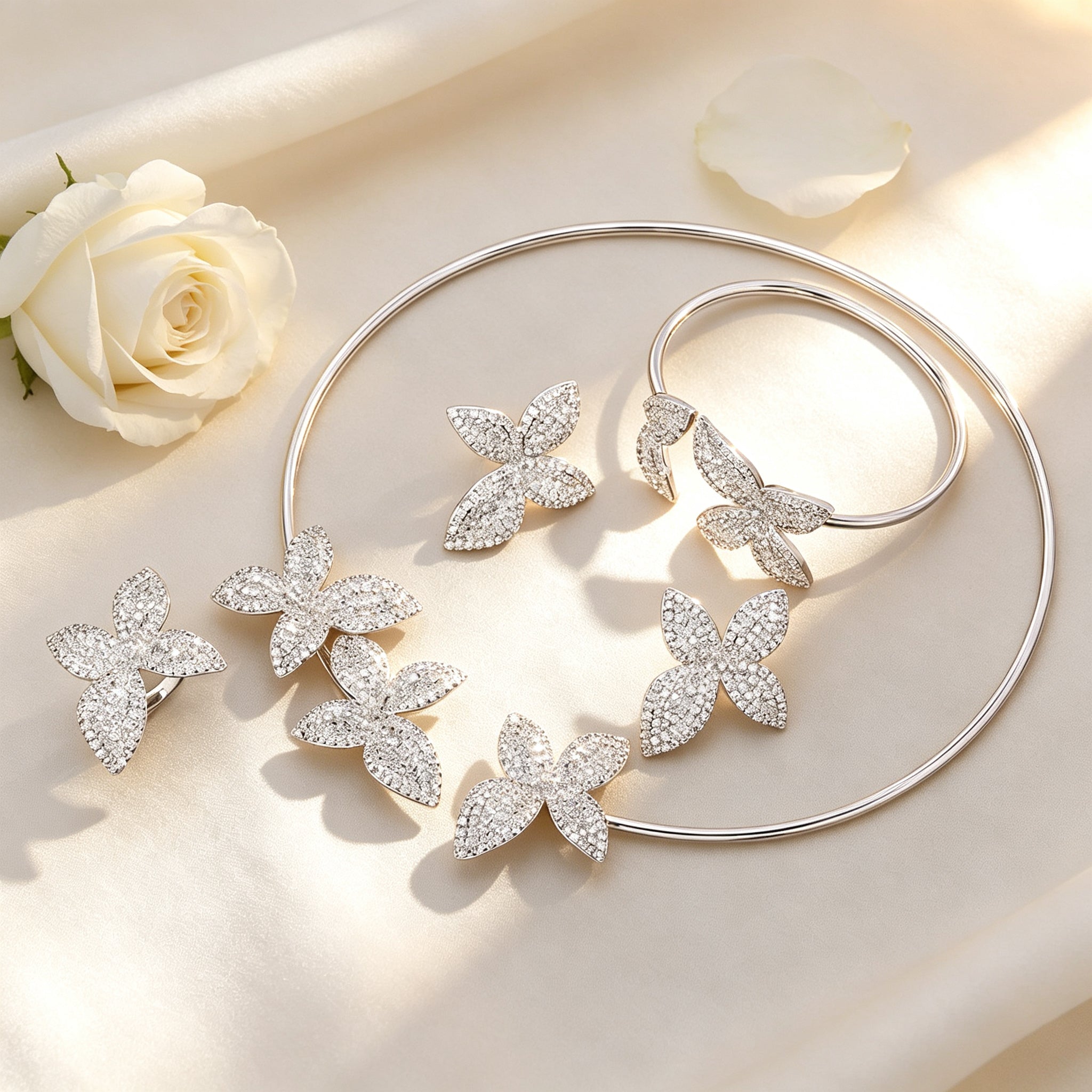 Flat lay of The Stella Bridal Set choker, earrings, bangle and ring on ivory linen