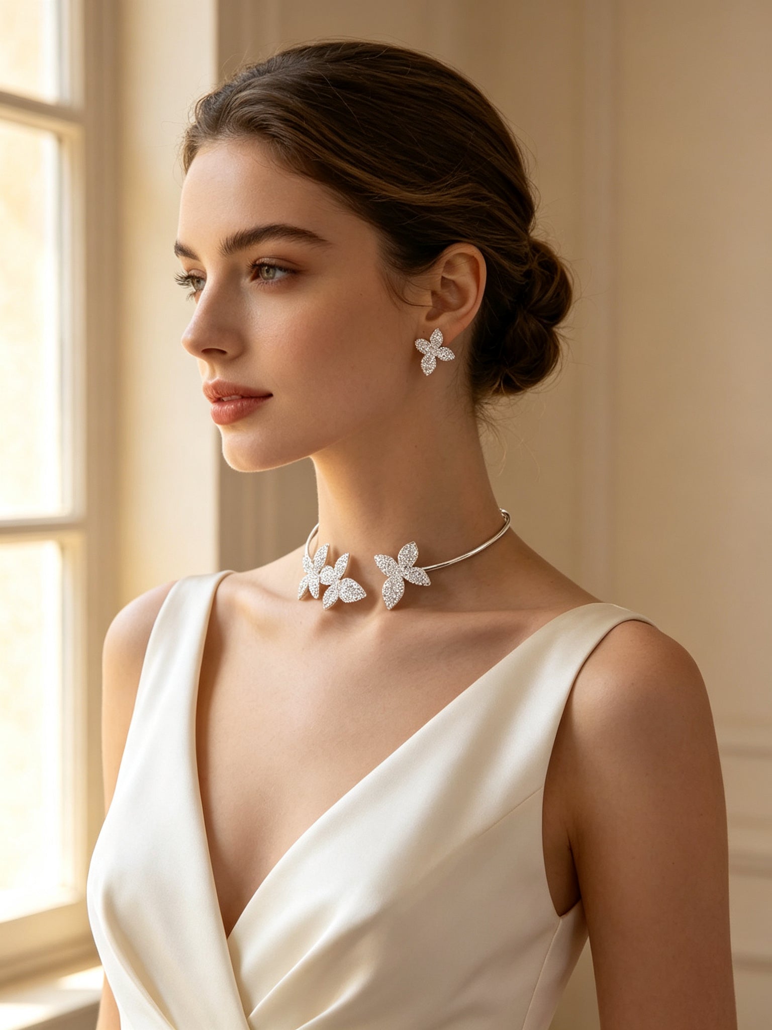 Bridal model wearing The Stella Bridal Set orchid choker and flower earrings in ivory silk gown