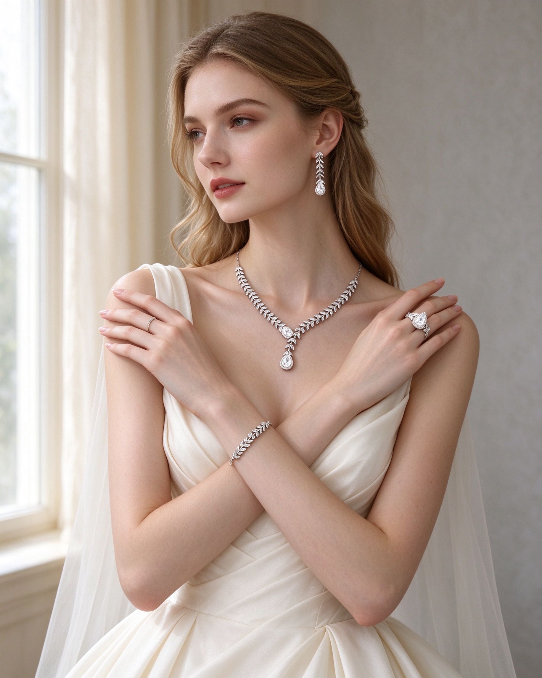 European bride wearing The Stem Crystal Parure full four-piece set in an ivory wedding gown