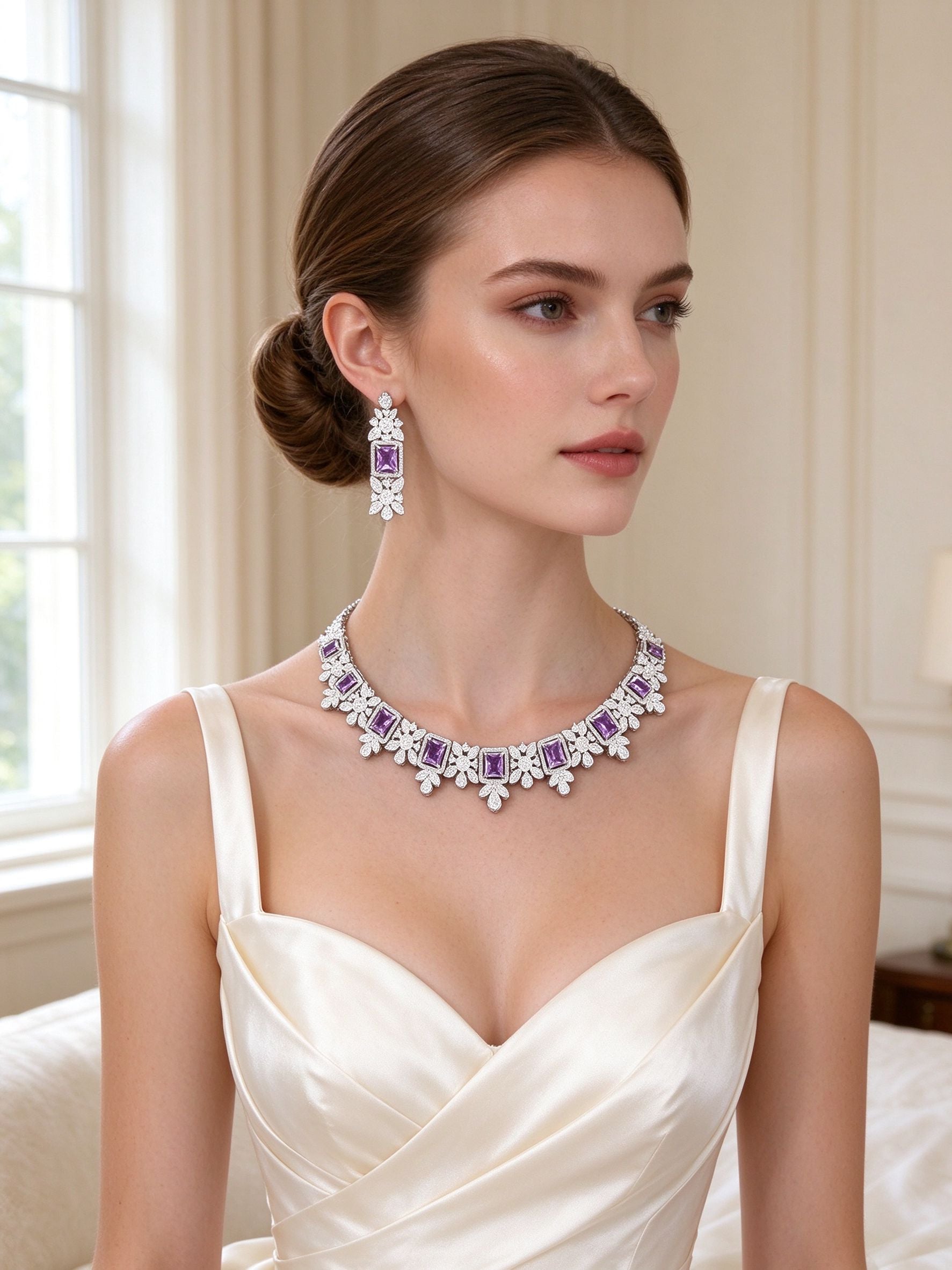 European bride wearing The Storm Wedding Suite amethyst CZ collar necklace and drop earrings
