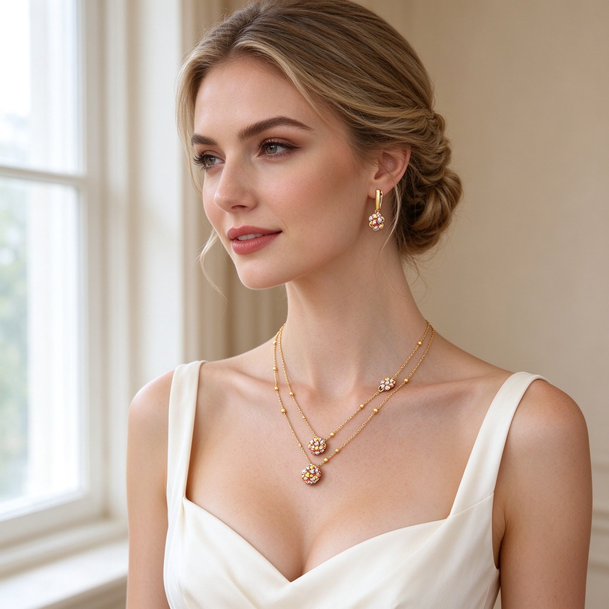 Western bride wearing The Sunbeam Crystal Parure layered tri-color flower necklace and single-flower drop earrings in soft window light