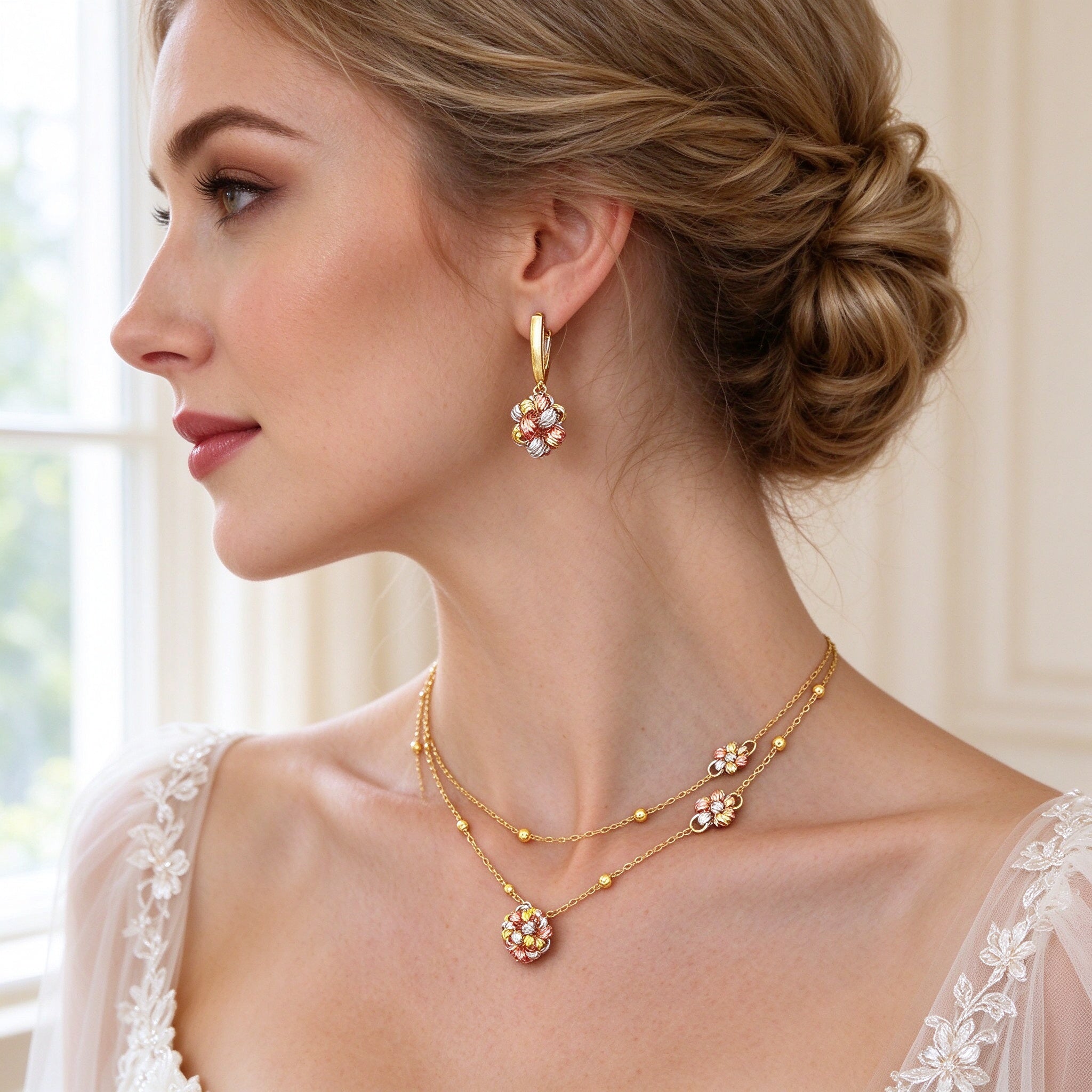 Close-up of a bride's ear and neck showing The Sunbeam Crystal Parure delicate gold tri-color flower drop earring and layered chain