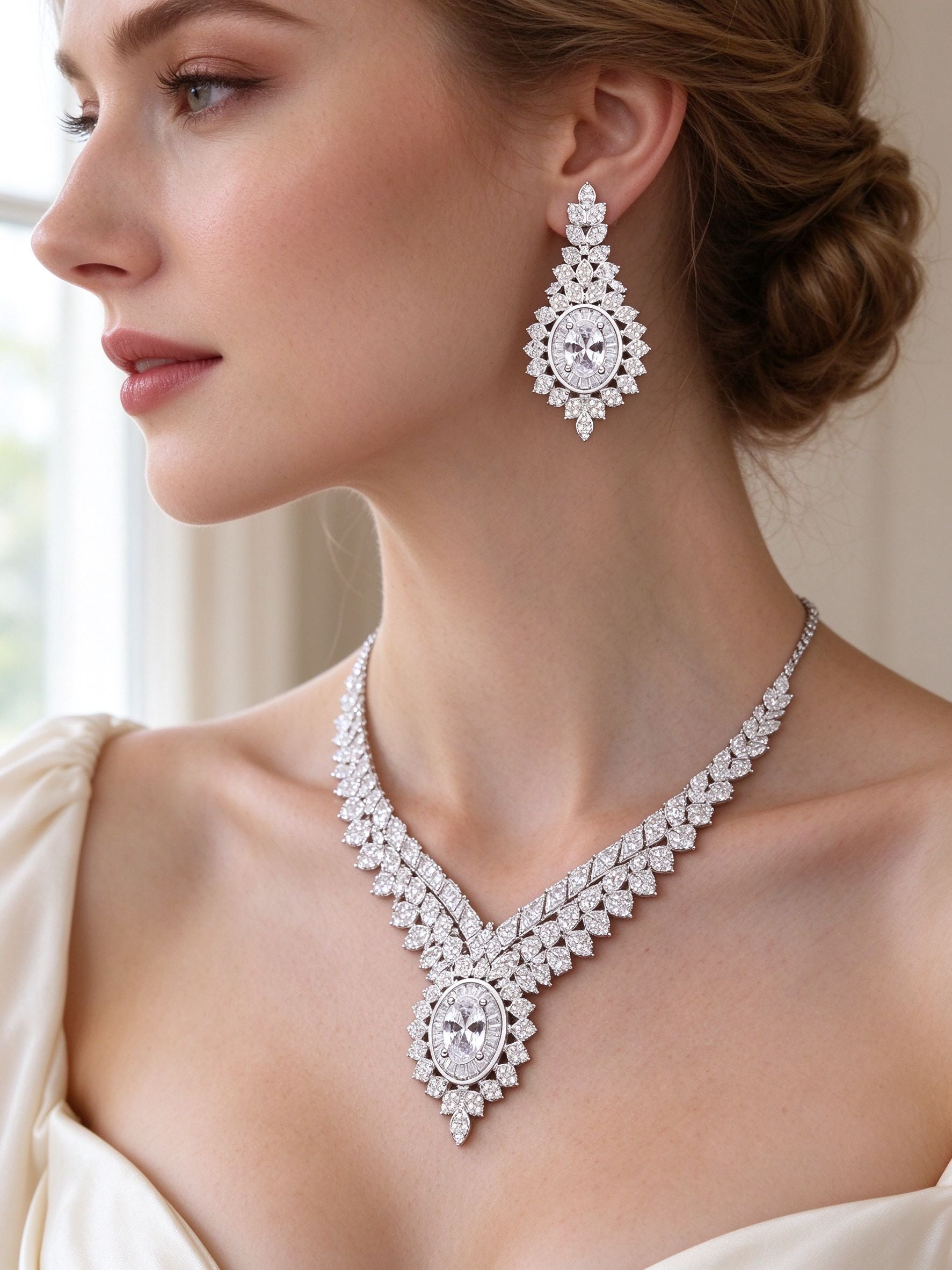 Side detail of The Sutton Bridal Parure showing the teardrop earring and V-point at the collarbone
