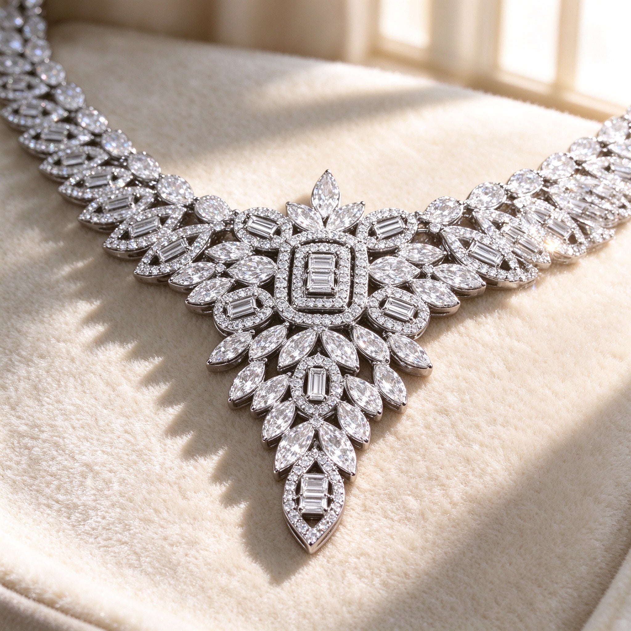 Macro of The Tiara V-point necklace center marquise and baguette-cut clear cubic zirconia fan