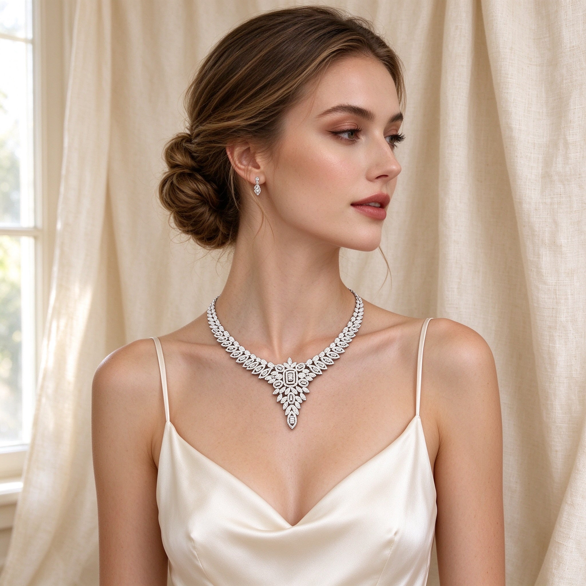 Western bride wearing The Tiara symmetrical V-point marquise and baguette CZ necklace in ivory silk