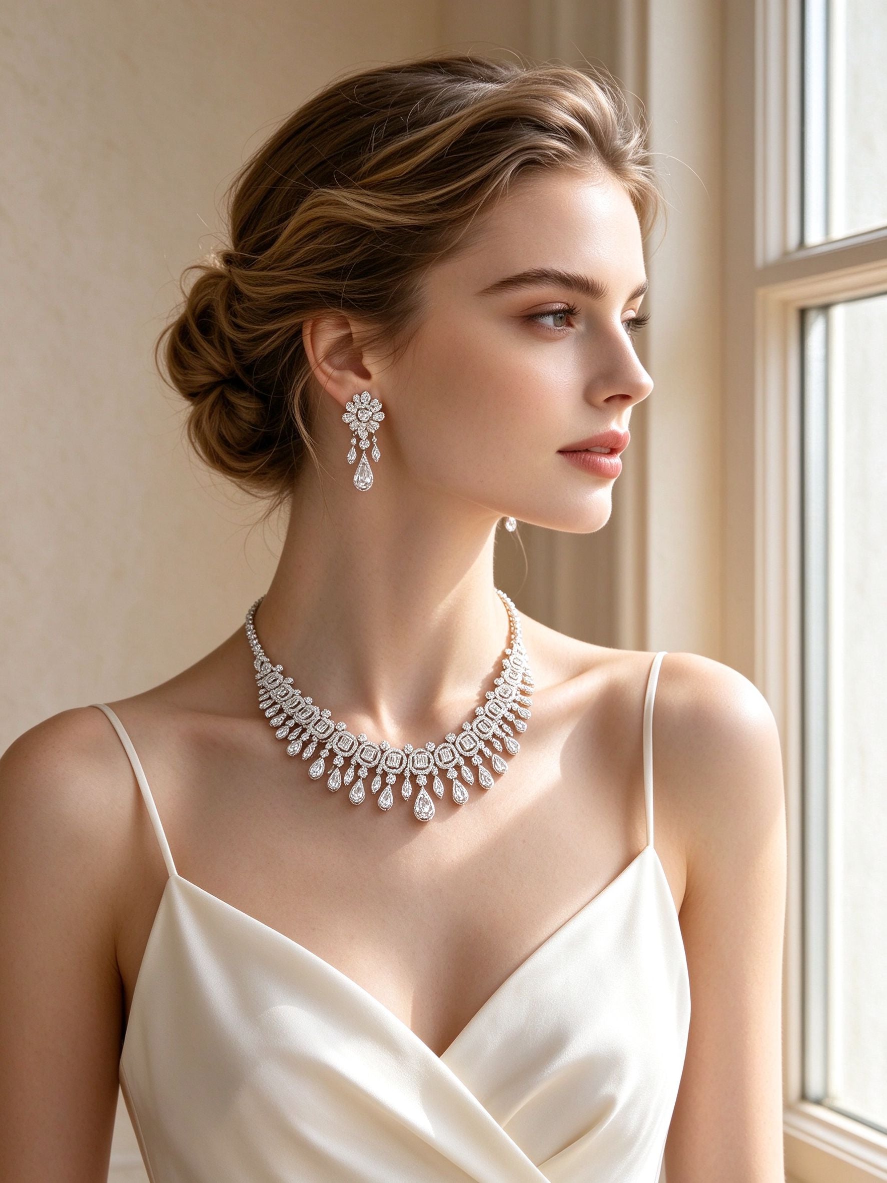 Bride wearing The Vine graduated bib necklace and chandelier earrings by a sunlit window