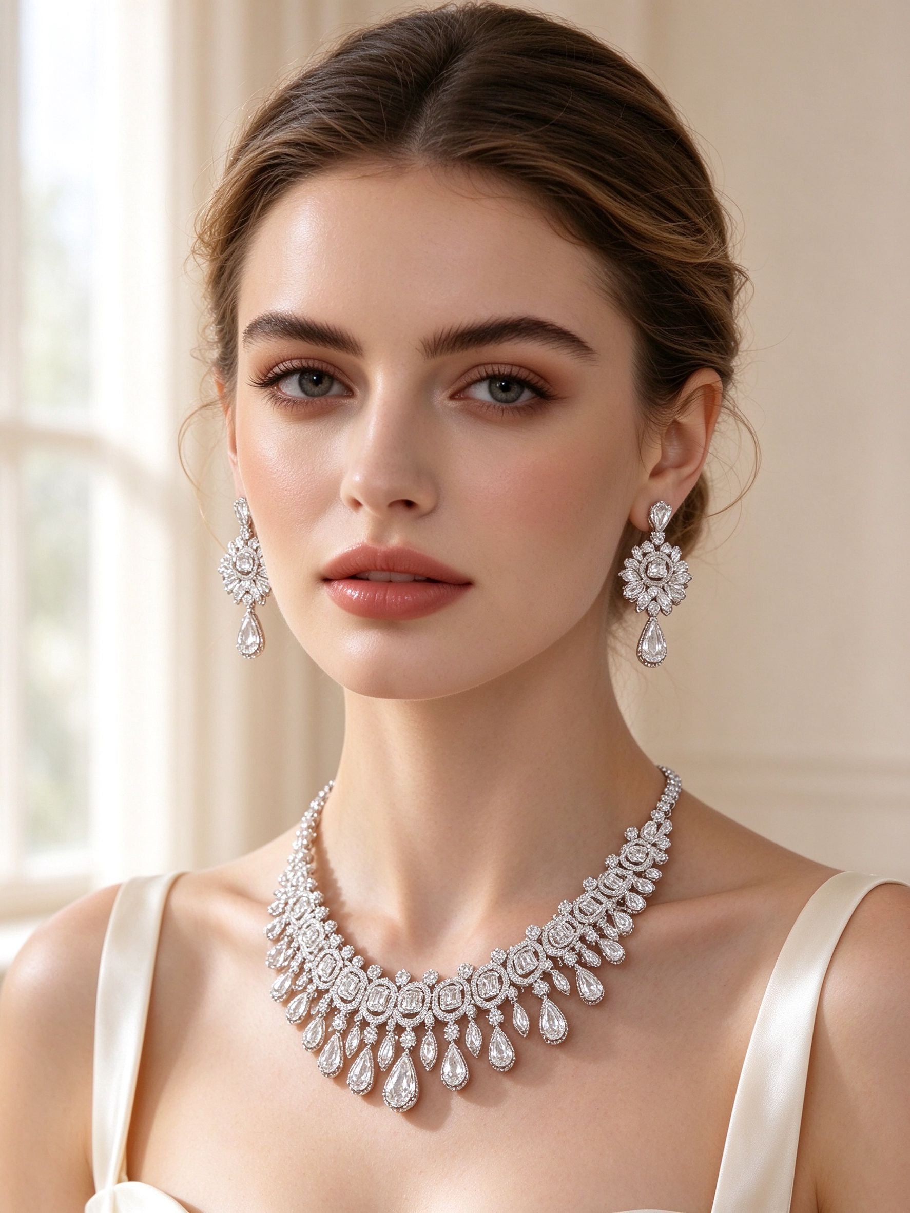 Close-up of a bride in The Vine crystal drop earrings and bib necklace