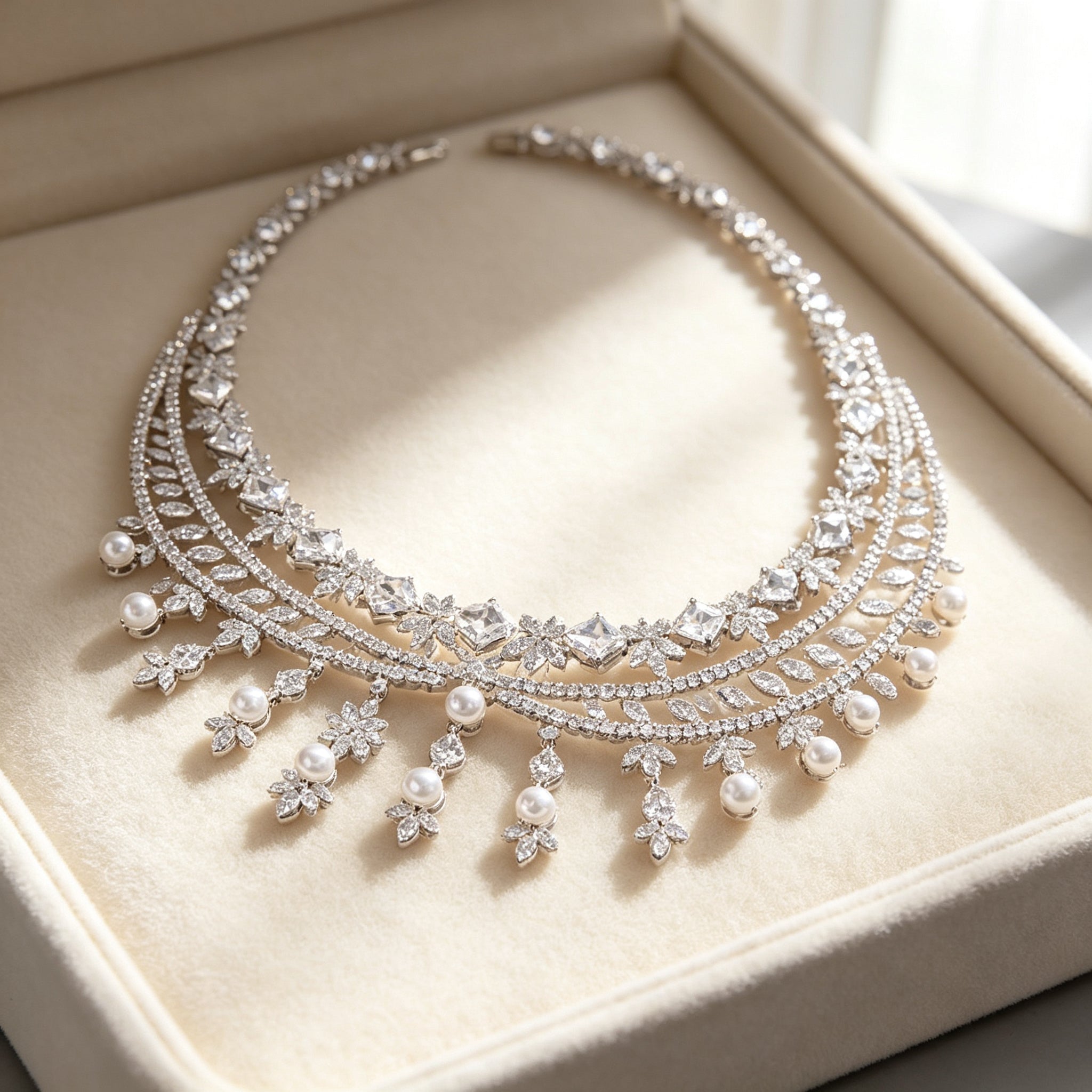 Macro of layered princess-cut CZ and white pearl fringe necklace detail