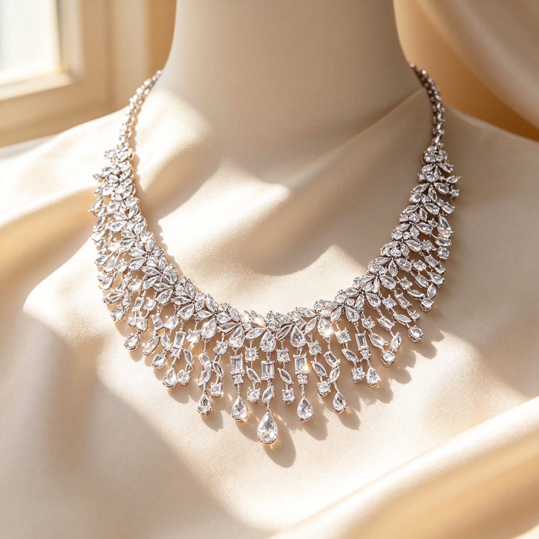 Macro close-up of The Vivienne layered marquise, baguette and pear-shaped clear cubic zirconia fringe on ivory silk