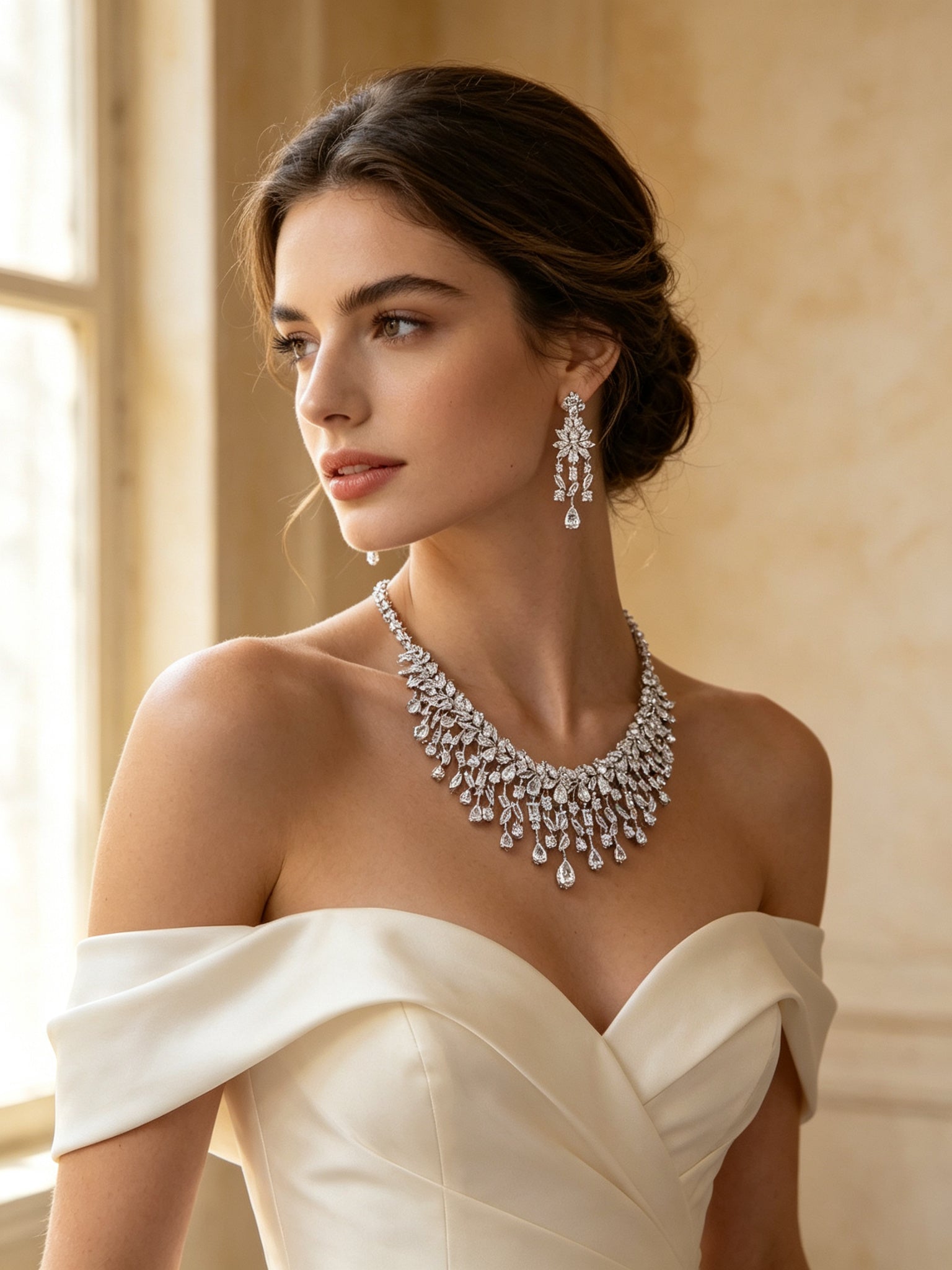 Bride in an ivory off-shoulder gown wearing The Vivienne Bridal Parure fringed CZ bib necklace and chandelier earrings