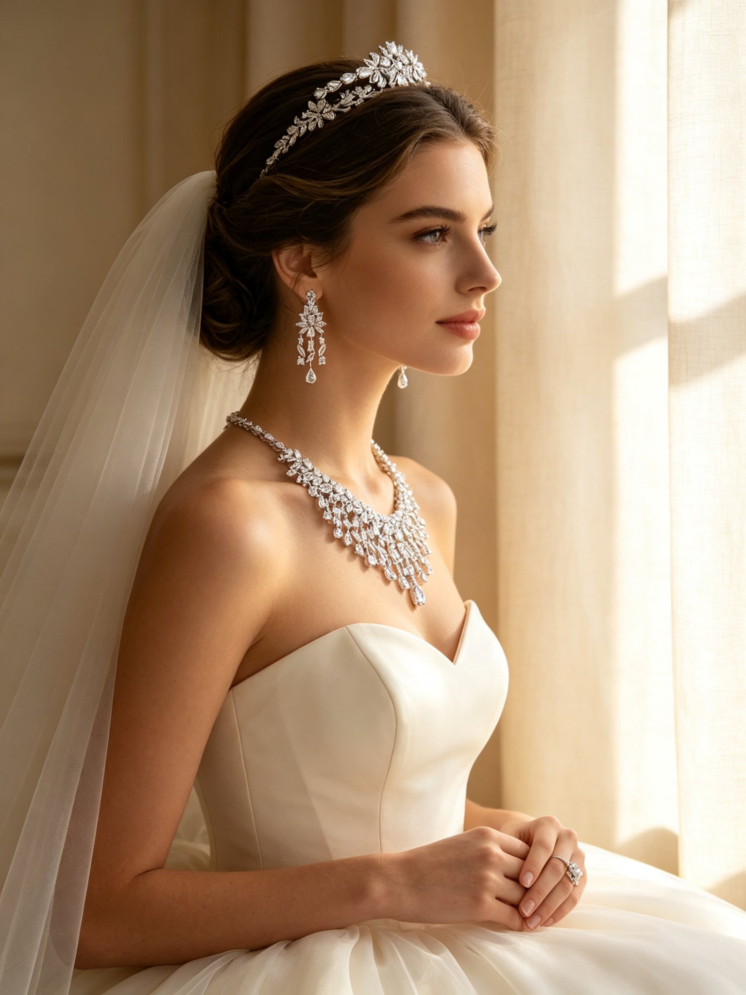 Side detail of The Vivienne Bridal Parure showing the cascading fringe bib on the collarbone and a chandelier earring