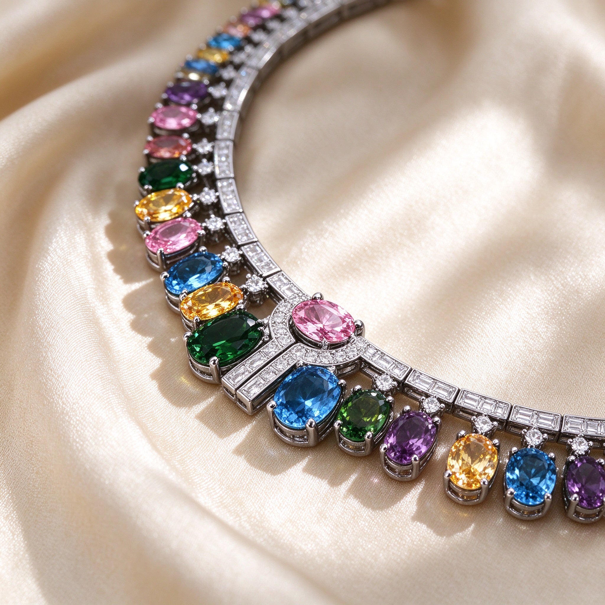 Macro detail of baguette CZ band and dangling multicolor oval stones on silk