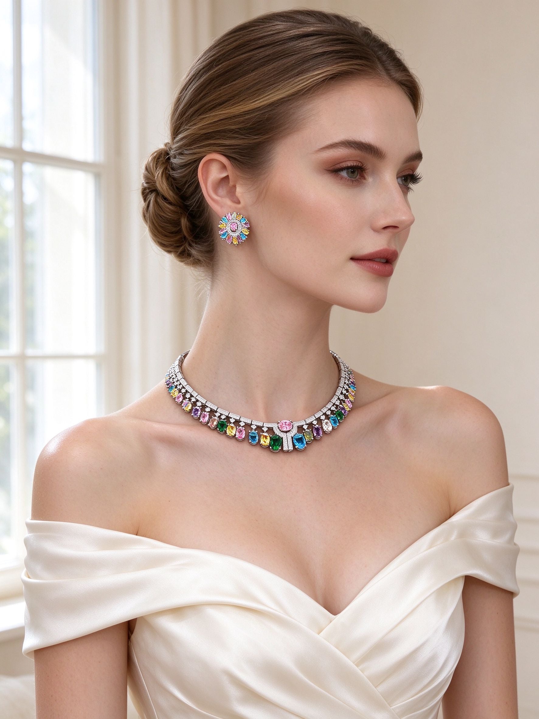 Model wearing The Willow Wedding Suite multicolor choker necklace and cluster stud earrings