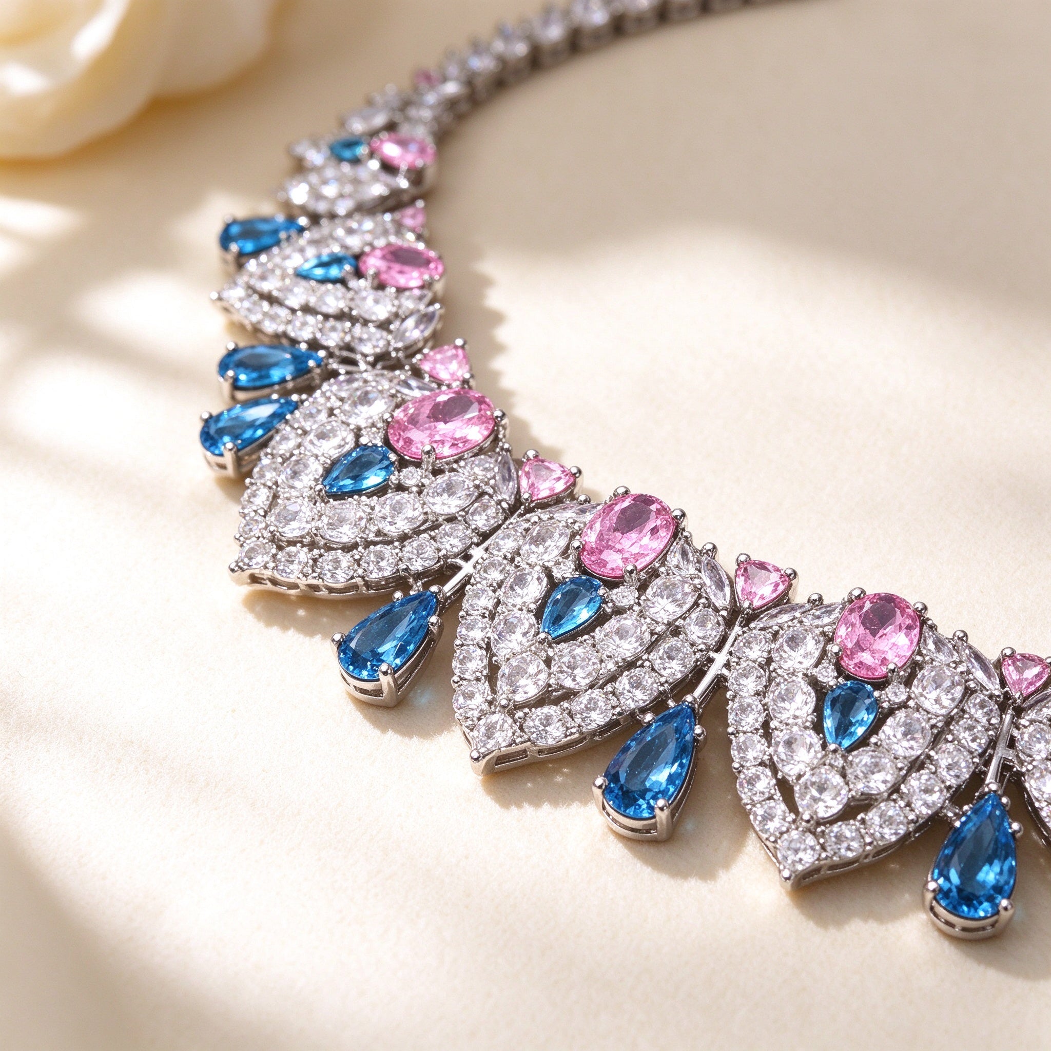 Macro close-up of The Wren clear-CZ teardrop panels centered with rose-pink and azure-blue stones on ivory silk