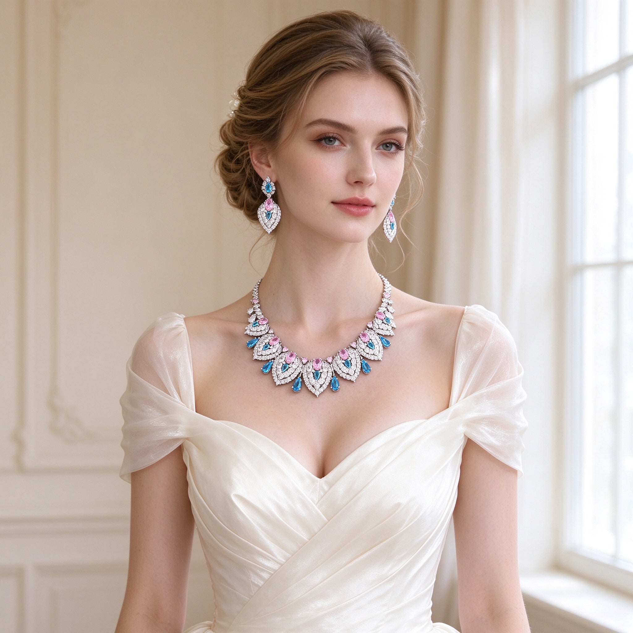 Bride in an ivory off-shoulder gown wearing The Wren colorful pink-and-blue teardrop-panel CZ necklace and drop earrings