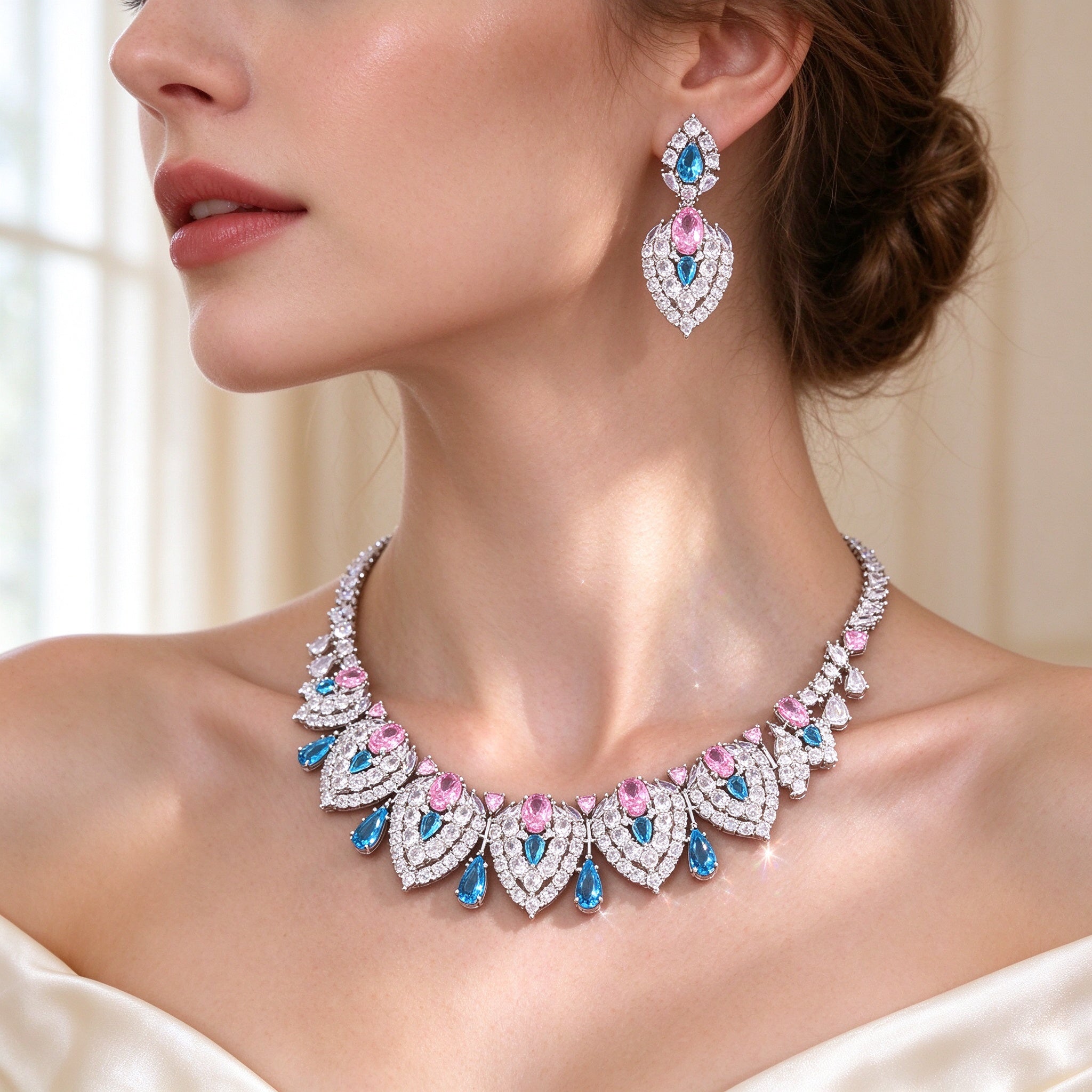 Side detail of The Wren graduated teardrop-panel CZ necklace along the collarbone with pink and blue accent stones